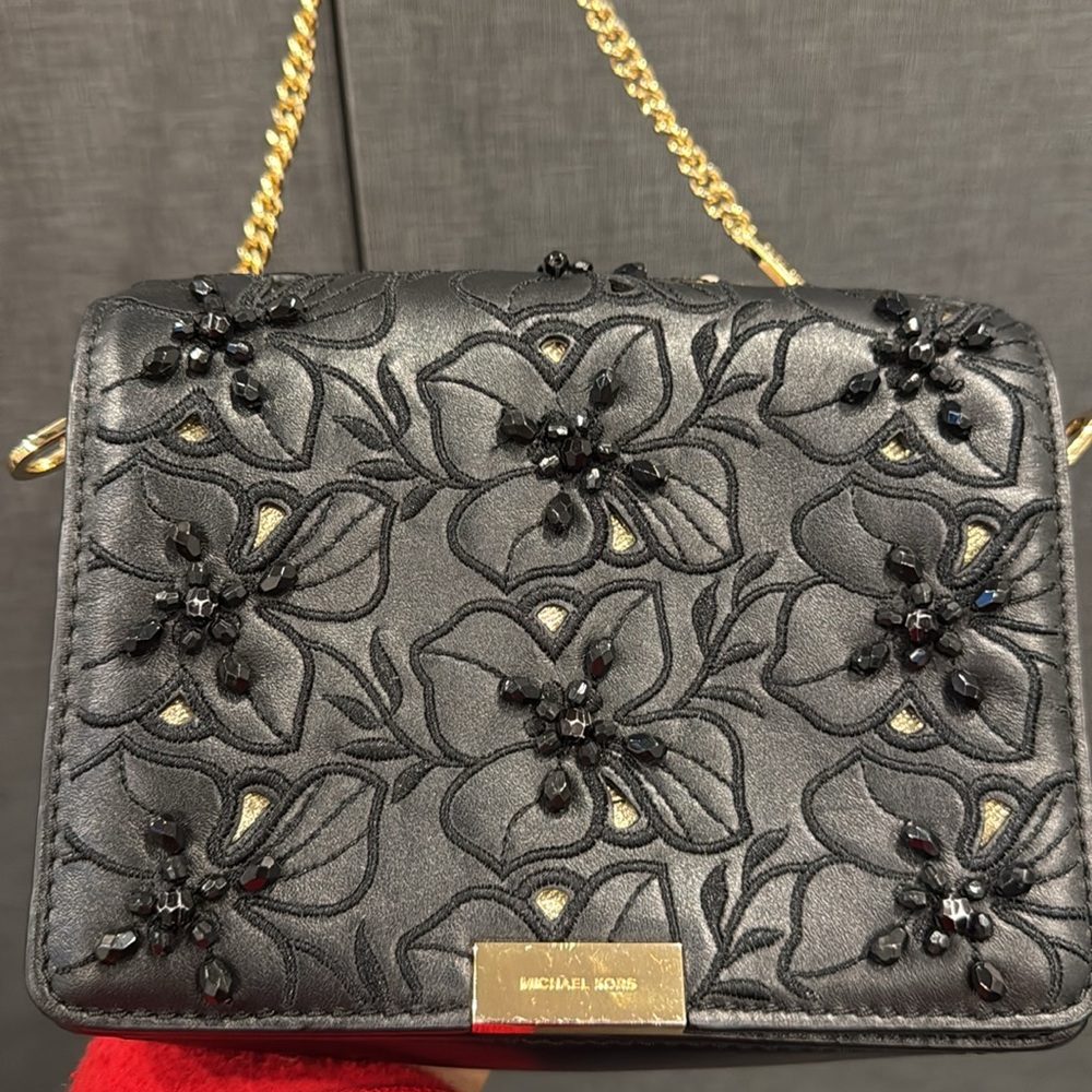 Michael Kors Jade Medium Gusset Floral Beaded Crossbody Clutch